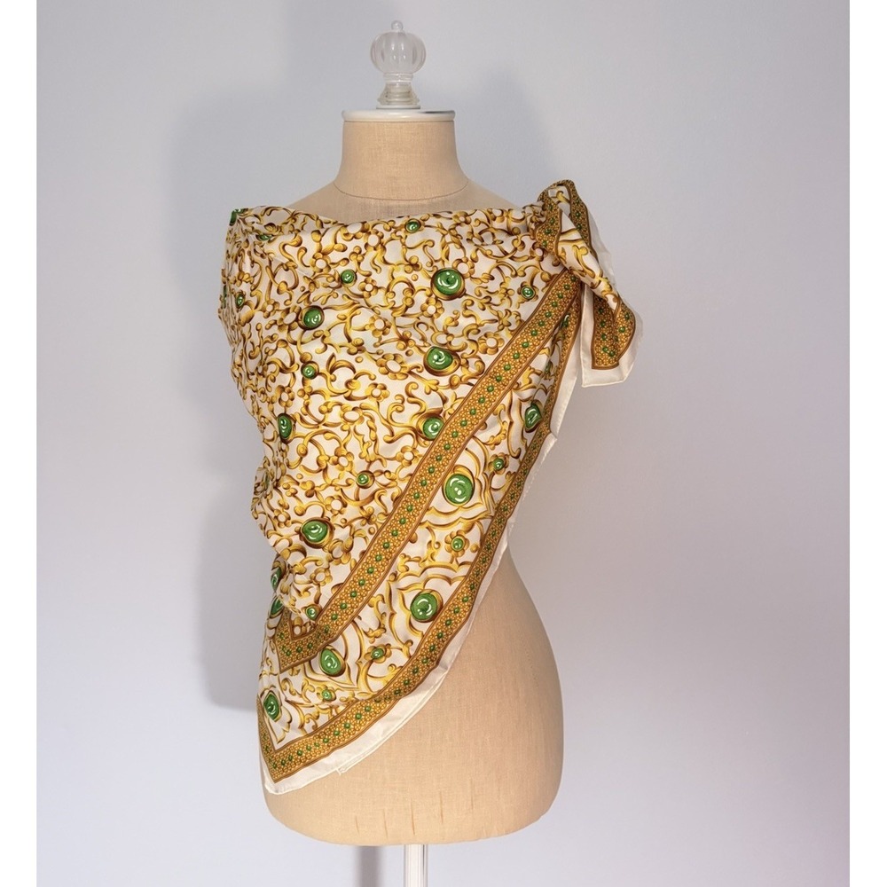 Vintage Oscar de la Renta Silk Scarf Volupté  Elegance Baroque Gold Green Luxury